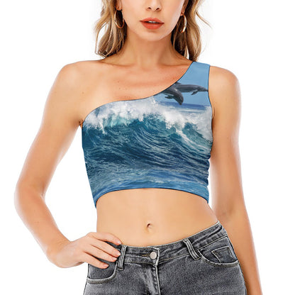 Dolphins Jumping Over Waves Print One Shoulder Crop Top