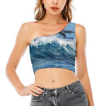 Dolphins Jumping Over Waves Print One Shoulder Crop Top