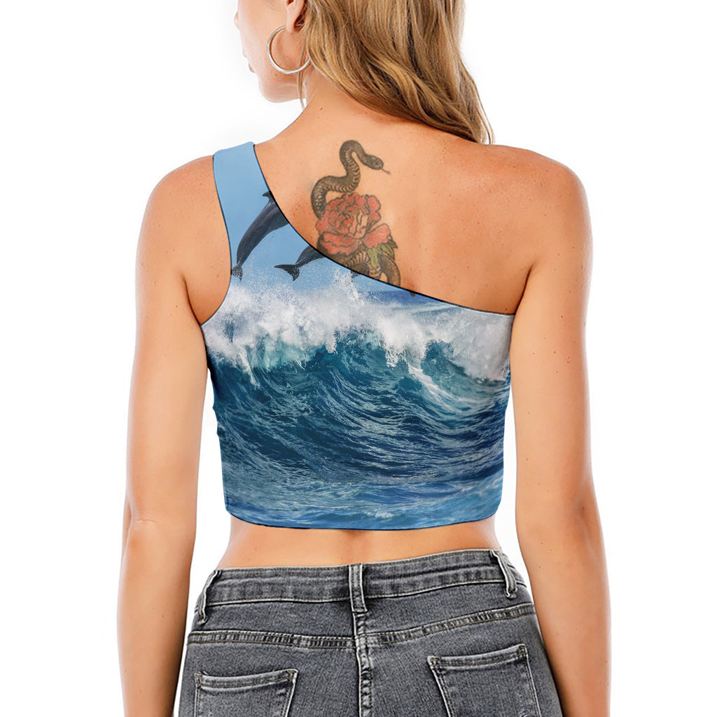 Dolphins Jumping Over Waves Print One Shoulder Crop Top