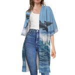 Dolphins Jumping Over Waves Print Open Front Beach Cover Up