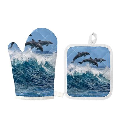 Dolphins Jumping Over Waves Print Oven Mitt And Pot Holder Set