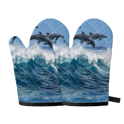 Dolphins Jumping Over Waves Print Oven Mitts