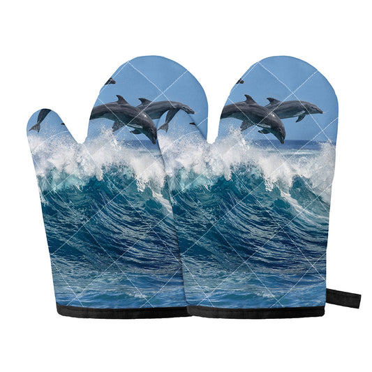 Dolphins Jumping Over Waves Print Oven Mitts