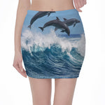 Dolphins Jumping Over Waves Print Pencil Mini Skirt
