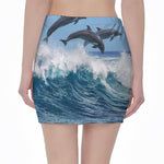Dolphins Jumping Over Waves Print Pencil Mini Skirt