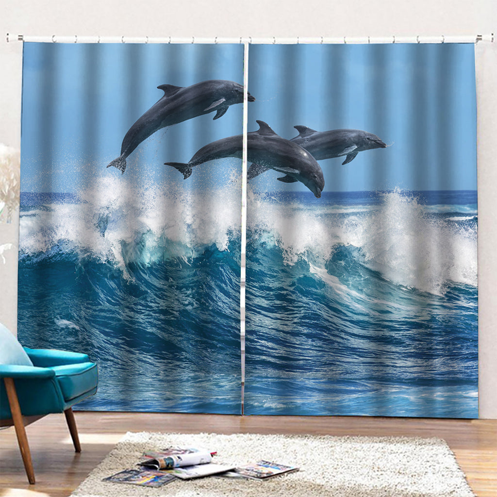 Dolphins Jumping Over Waves Print Pencil Pleat Curtains