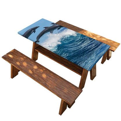 Dolphins Jumping Over Waves Print Picnic Table Cover