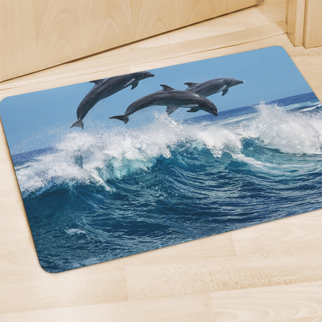 Dolphins Jumping Over Waves Print Polyester Doormat