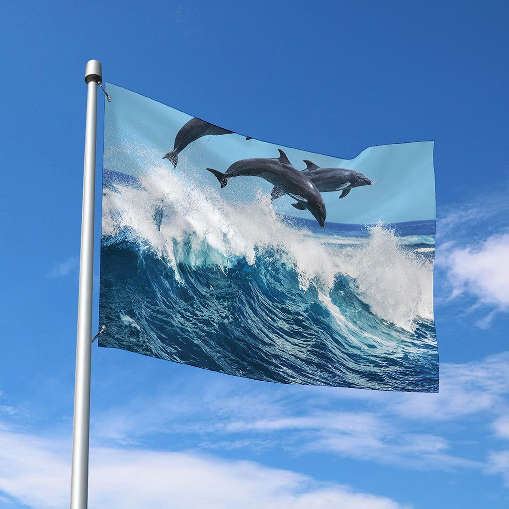 Dolphins Jumping Over Waves Print Polyester Flag