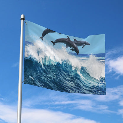 Dolphins Jumping Over Waves Print Polyester Flag