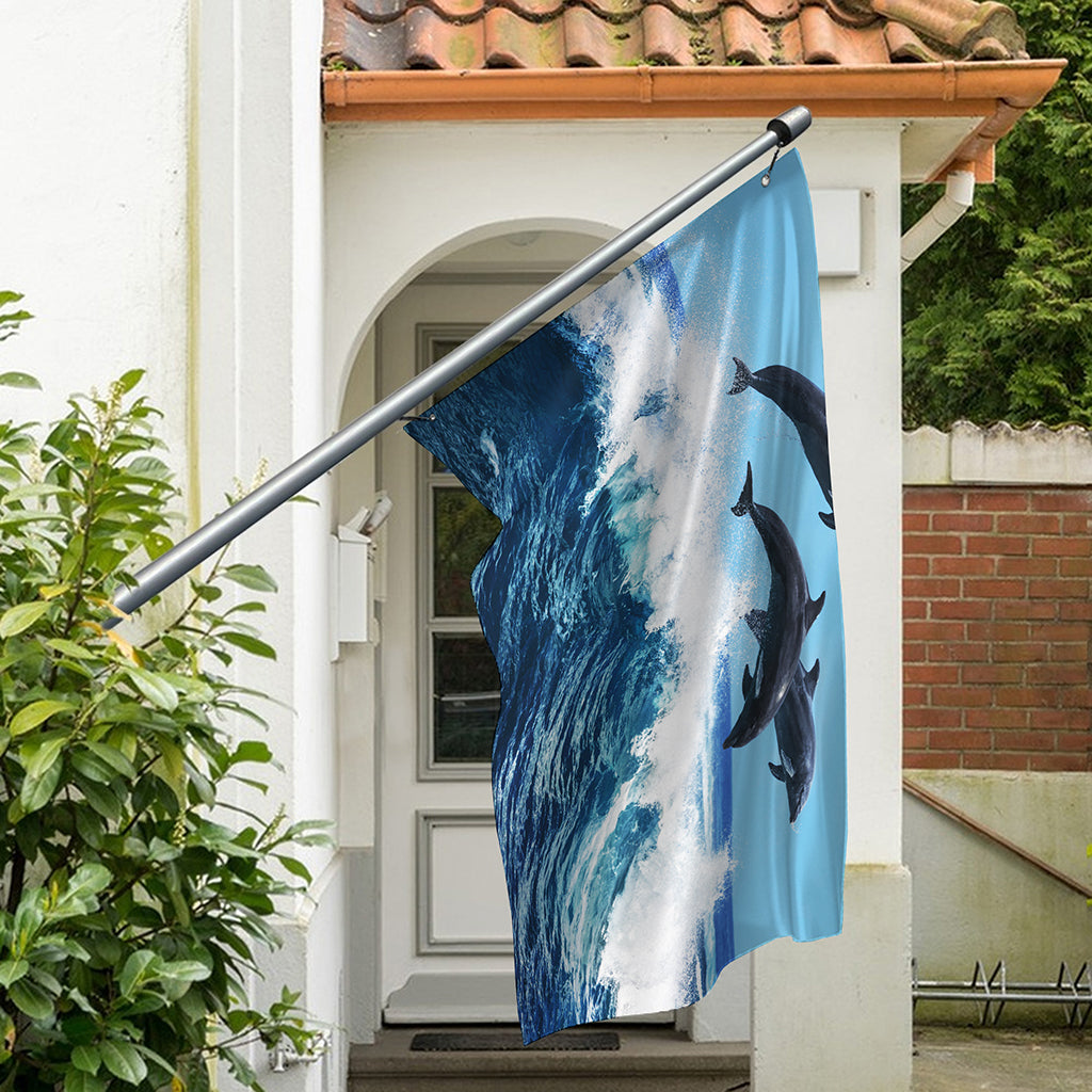 Dolphins Jumping Over Waves Print Polyester Flag
