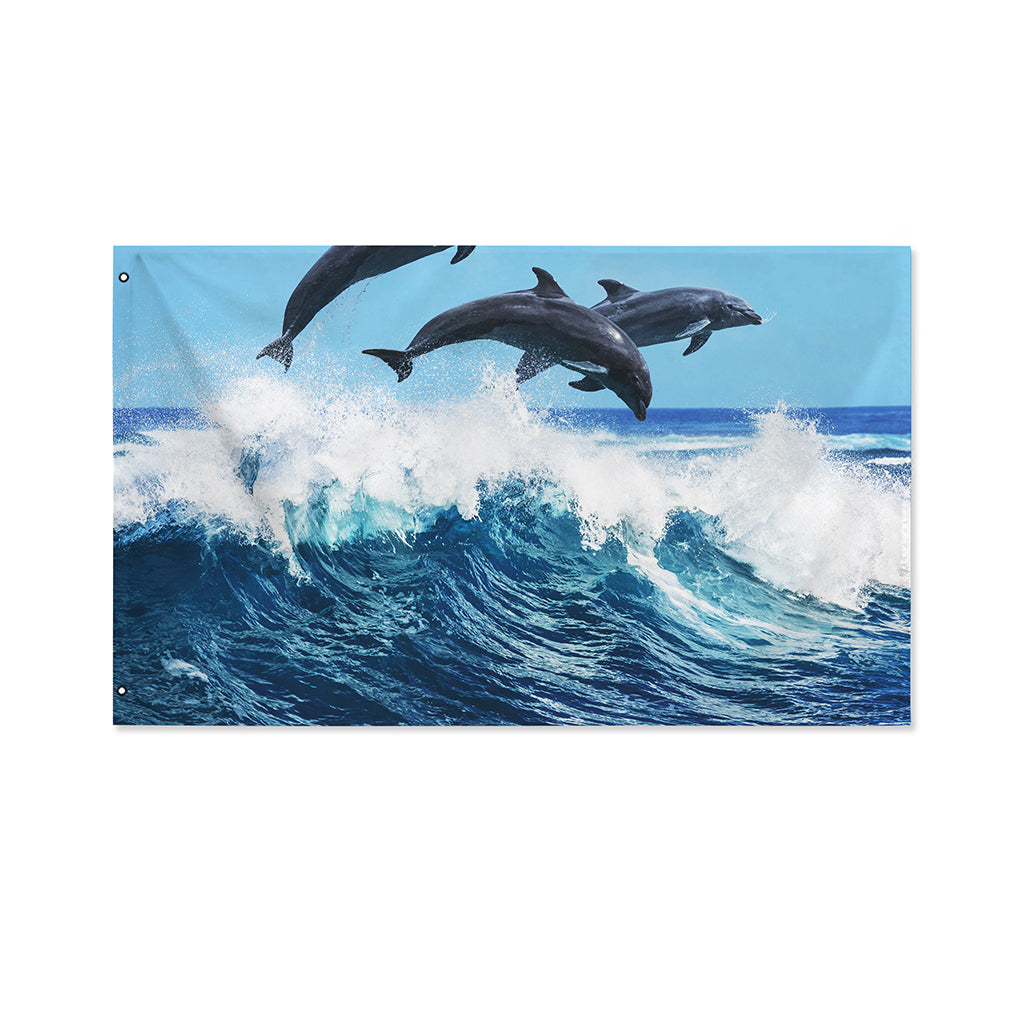 Dolphins Jumping Over Waves Print Polyester Flag