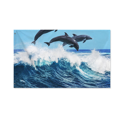 Dolphins Jumping Over Waves Print Polyester Flag
