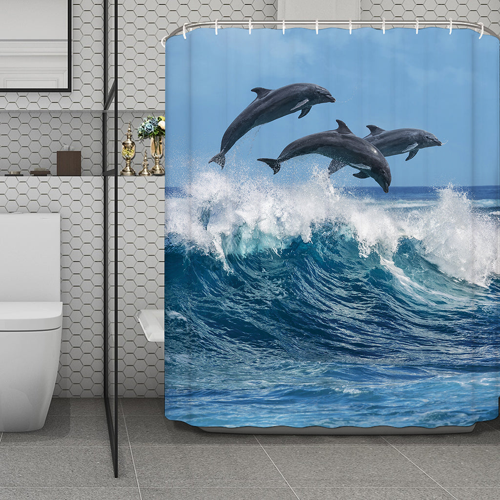 Dolphins Jumping Over Waves Print Polyester Shower Curtain