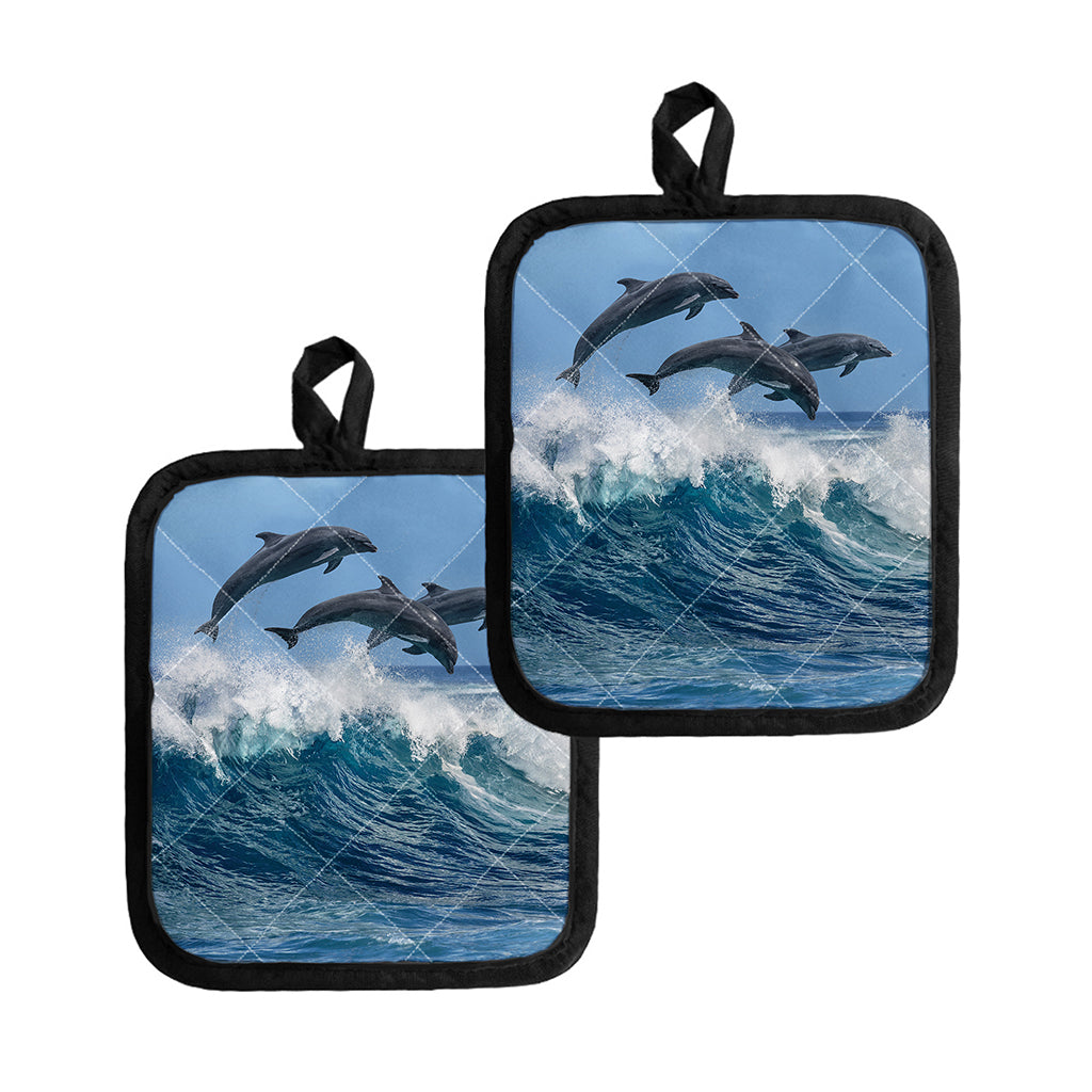 Dolphins Jumping Over Waves Print Pot Holders