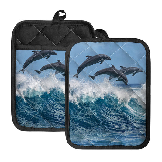 Dolphins Jumping Over Waves Print Pot Holders With Pocket