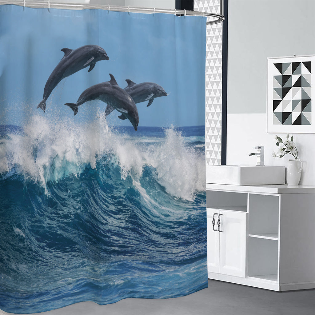 Dolphins Jumping Over Waves Print Premium Shower Curtain