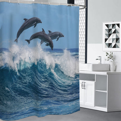 Dolphins Jumping Over Waves Print Premium Shower Curtain
