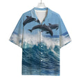 Dolphins Jumping Over Waves Print Rayon Hawaiian Shirt