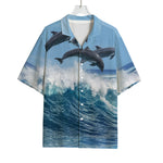 Dolphins Jumping Over Waves Print Rayon Hawaiian Shirt