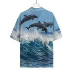 Dolphins Jumping Over Waves Print Rayon Hawaiian Shirt
