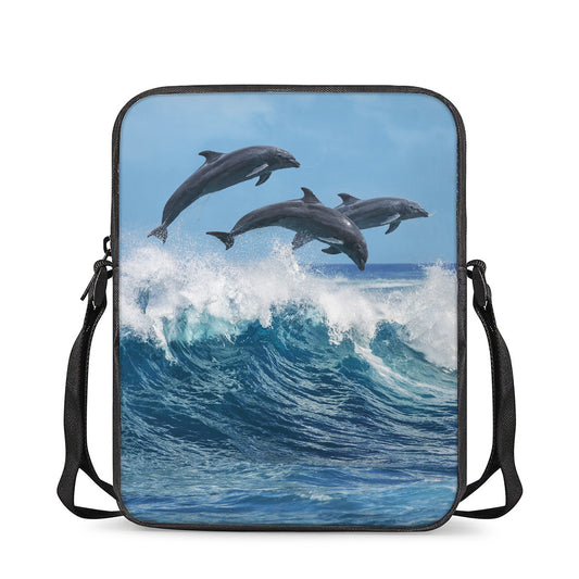 Dolphins Jumping Over Waves Print Rectangular Crossbody Bag