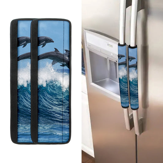 Dolphins Jumping Over Waves Print Refrigerator Handle Covers