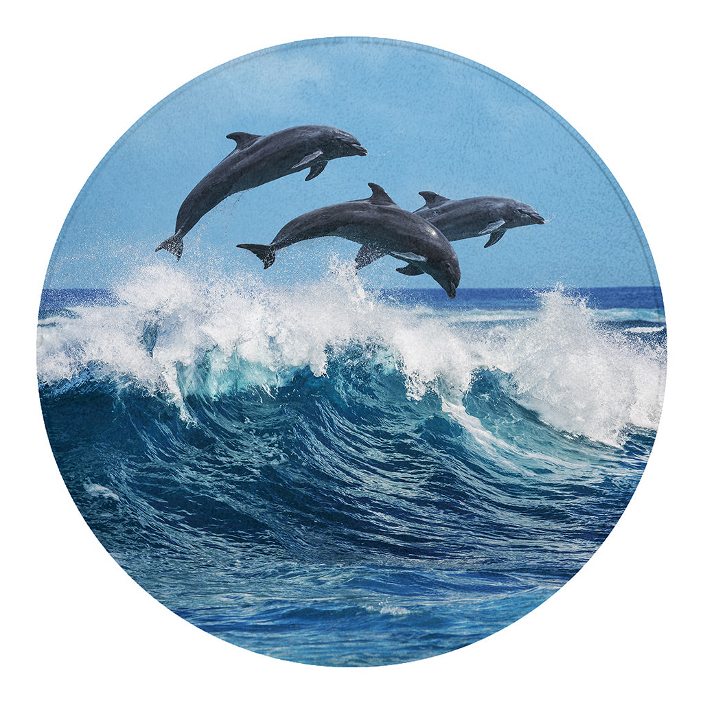 Dolphins Jumping Over Waves Print Round Blanket