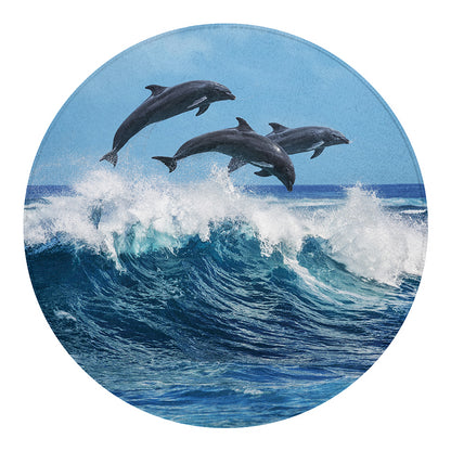 Dolphins Jumping Over Waves Print Round Blanket