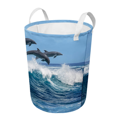 Dolphins Jumping Over Waves Print Round Laundry Basket