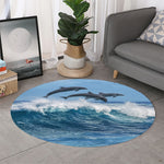Dolphins Jumping Over Waves Print Round Rug