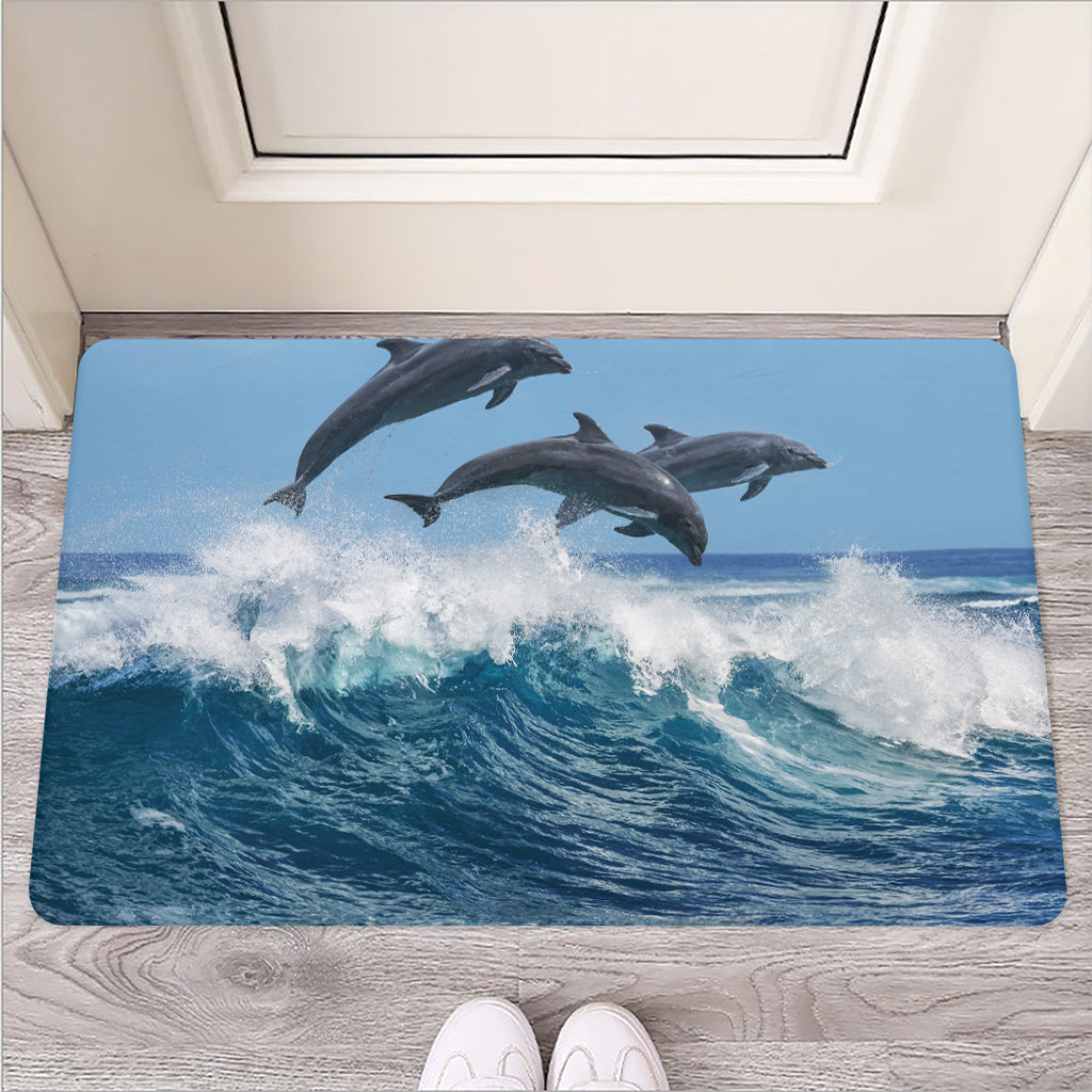 Dolphins Jumping Over Waves Print Rubber Doormat