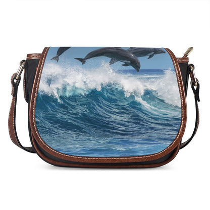 Dolphins Jumping Over Waves Print Saddle Bag
