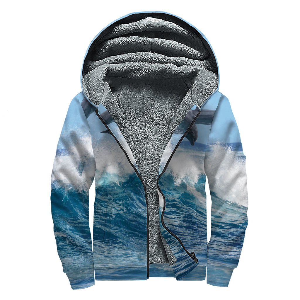 Dolphins Jumping Over Waves Print Sherpa Lined Zip Up Hoodie