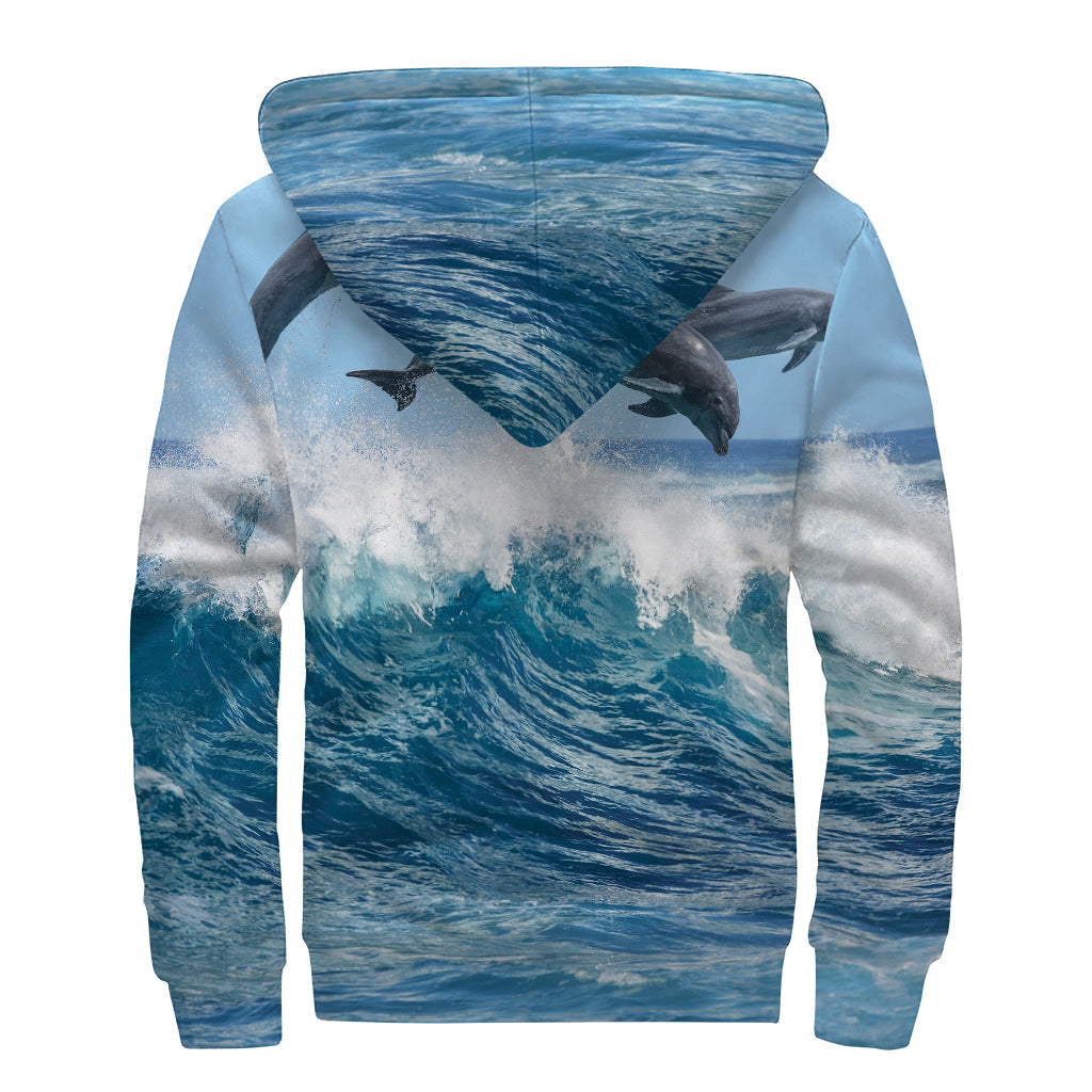 Dolphins Jumping Over Waves Print Sherpa Lined Zip Up Hoodie