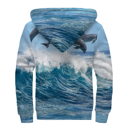 Dolphins Jumping Over Waves Print Sherpa Lined Zip Up Hoodie