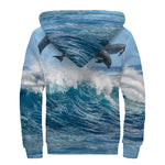 Dolphins Jumping Over Waves Print Sherpa Lined Zip Up Hoodie
