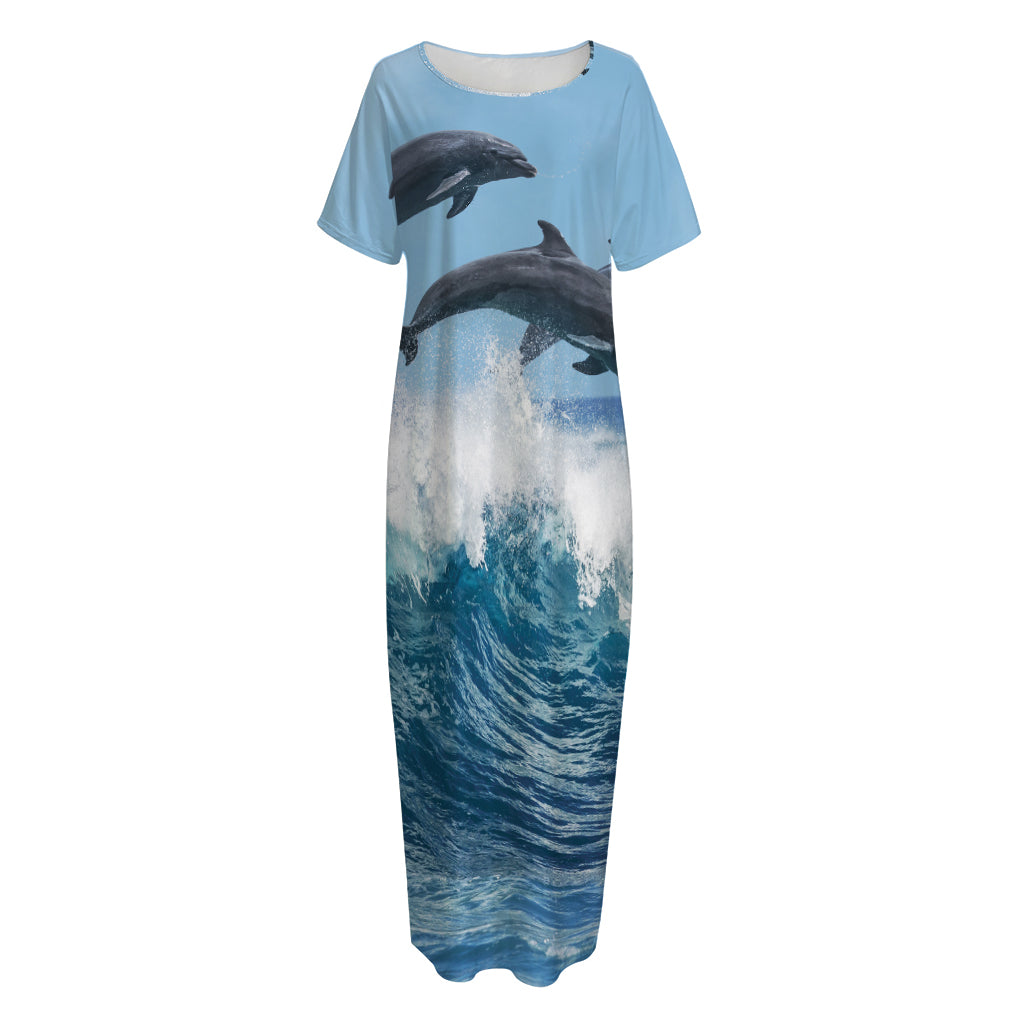 Dolphins Jumping Over Waves Print Short Sleeve Long Nightdress