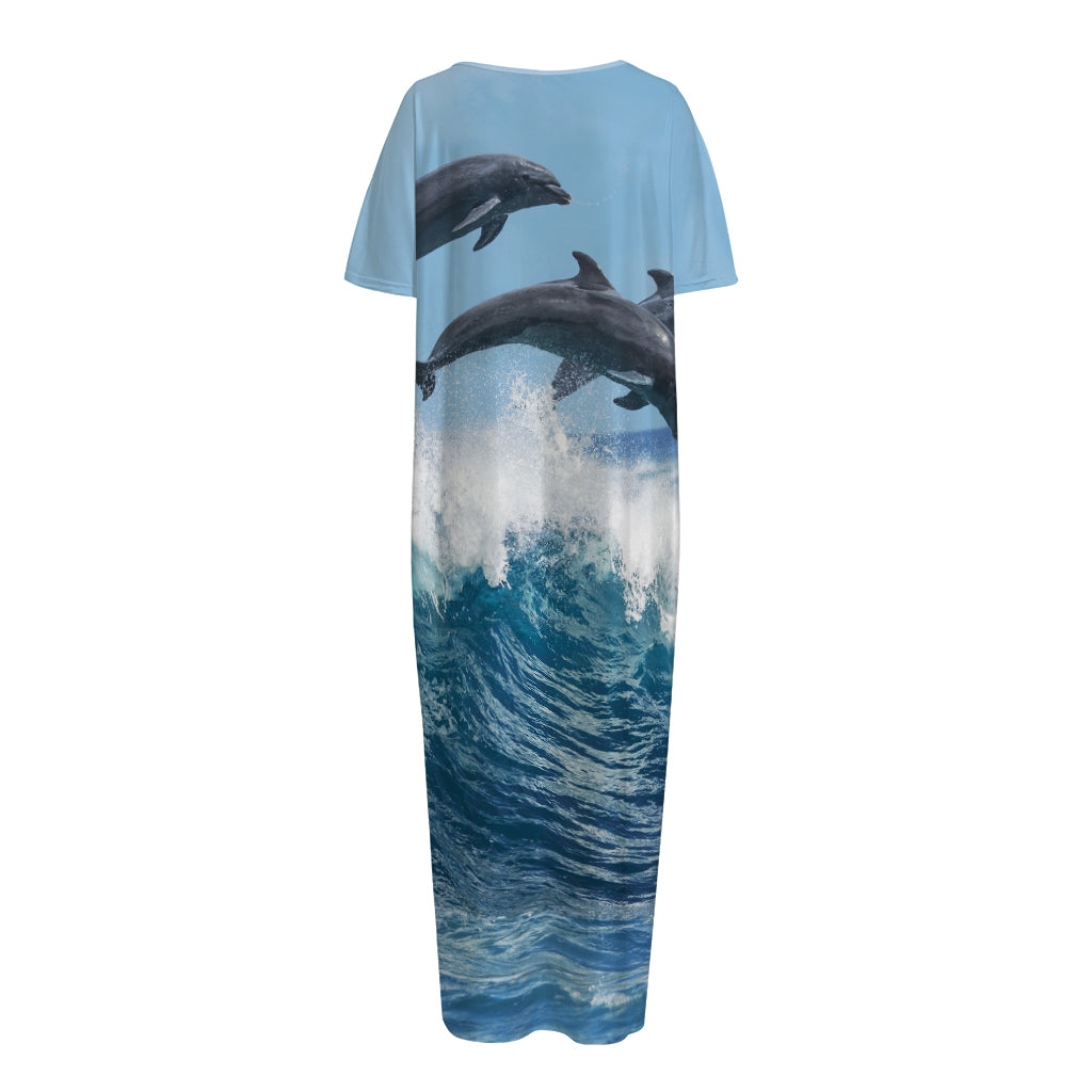 Dolphins Jumping Over Waves Print Short Sleeve Long Nightdress
