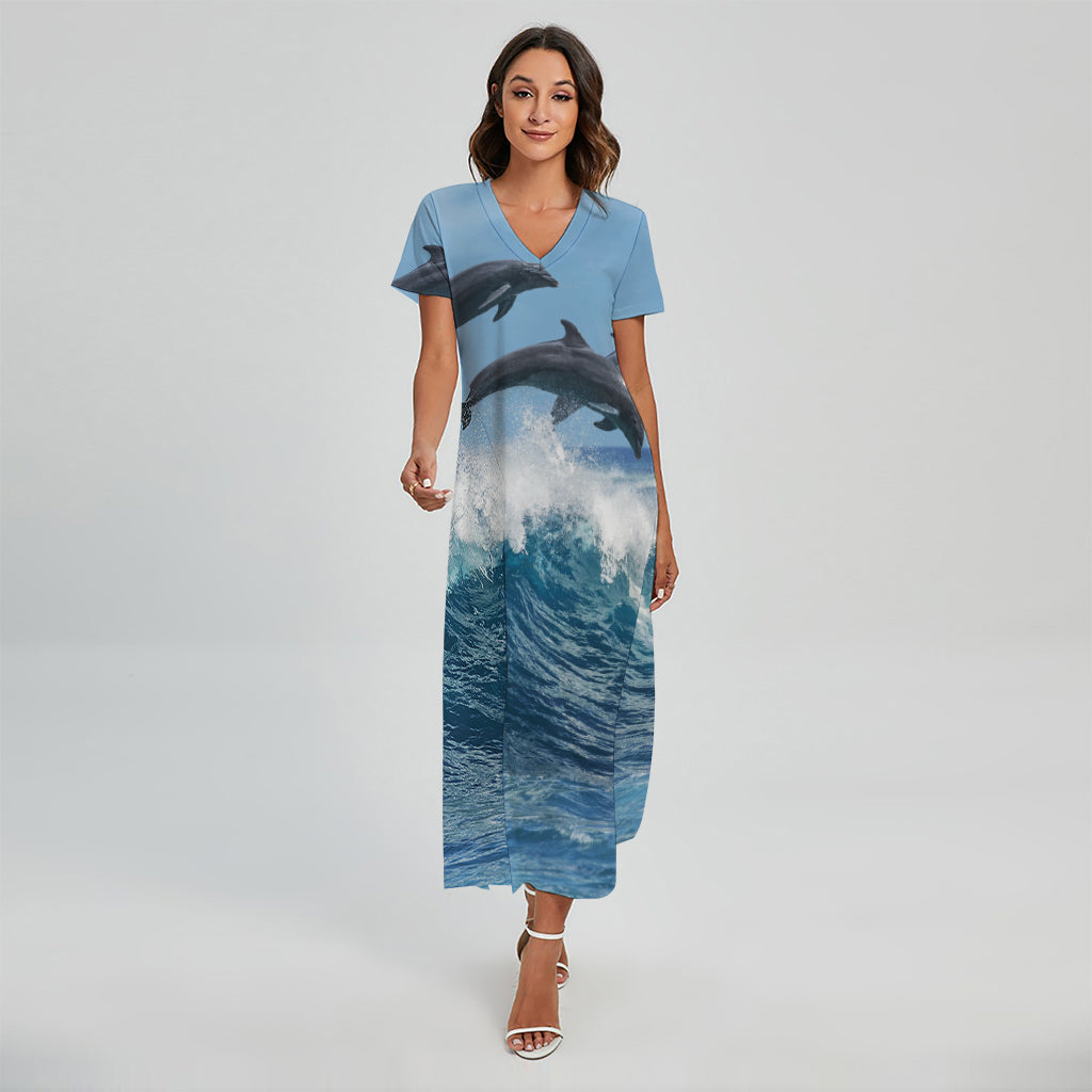 Dolphins Jumping Over Waves Print Short Sleeve Maxi Dress