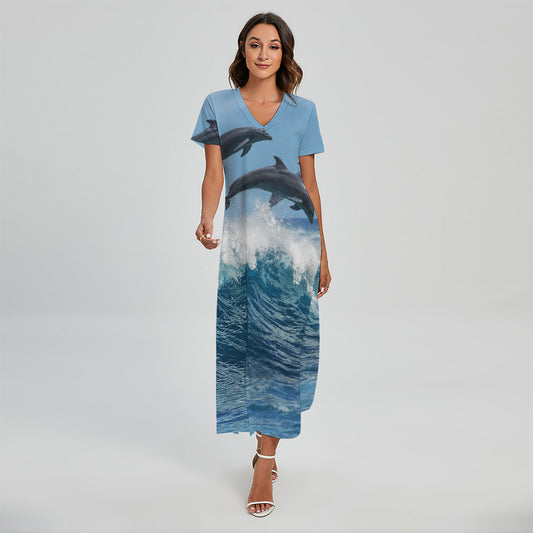 Dolphins Jumping Over Waves Print Short Sleeve Maxi Dress