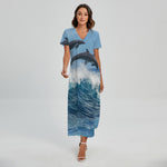 Dolphins Jumping Over Waves Print Short Sleeve Maxi Dress