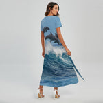 Dolphins Jumping Over Waves Print Short Sleeve Maxi Dress