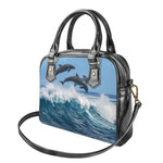 Dolphins Jumping Over Waves Print Shoulder Handbag