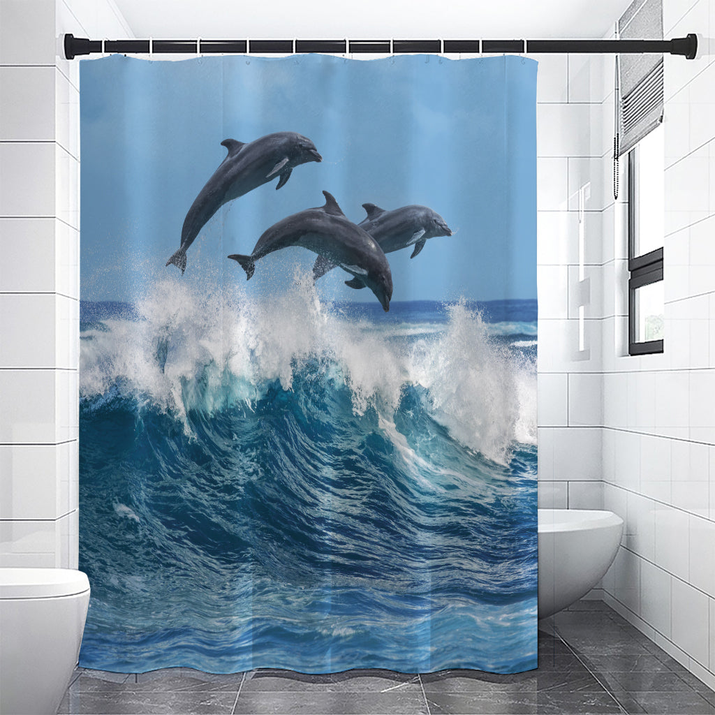 Dolphins Jumping Over Waves Print Shower Curtain