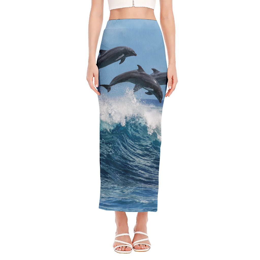 Dolphins Jumping Over Waves Print Side Slit Maxi Skirt