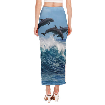 Dolphins Jumping Over Waves Print Side Slit Maxi Skirt