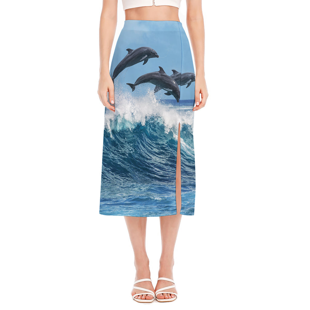 Dolphins Jumping Over Waves Print Side Slit Midi Skirt