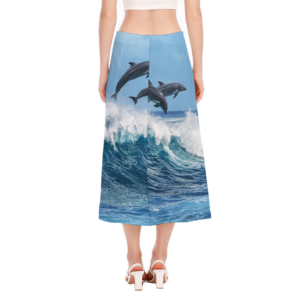 Dolphins Jumping Over Waves Print Side Slit Midi Skirt