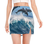 Dolphins Jumping Over Waves Print Side Slit Mini Skirt